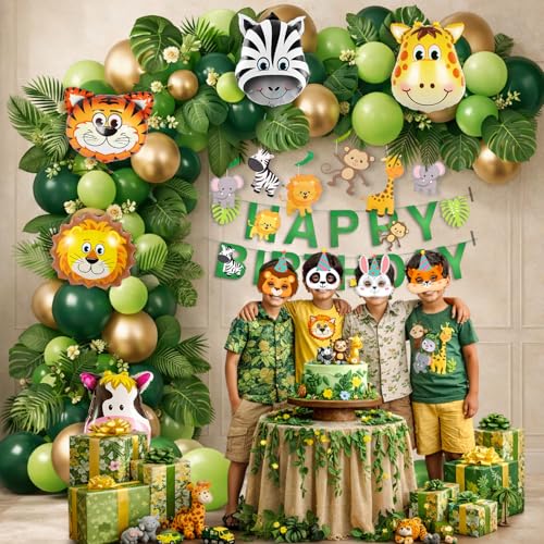 Image of Party Propz Jungle Theme Happy Birthday Decoration Kit - 86 Pcs Animal Foil Balloons for Birthday, Animal Eye Mask, Swirls, Happy Birthday Banner, Birthday Decor for Boy and Girl (Cardstock)