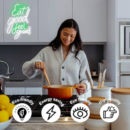 Image of Eat Good Feel Good Neon Signs for Restaurant Kitchen Snack Shop Party Decor | Dimmable Food Neon Light, Green White Letter LED Sign, Health Neon Light Up Sign, Acrylic Wall Art, USB Powered, Easy to Hang