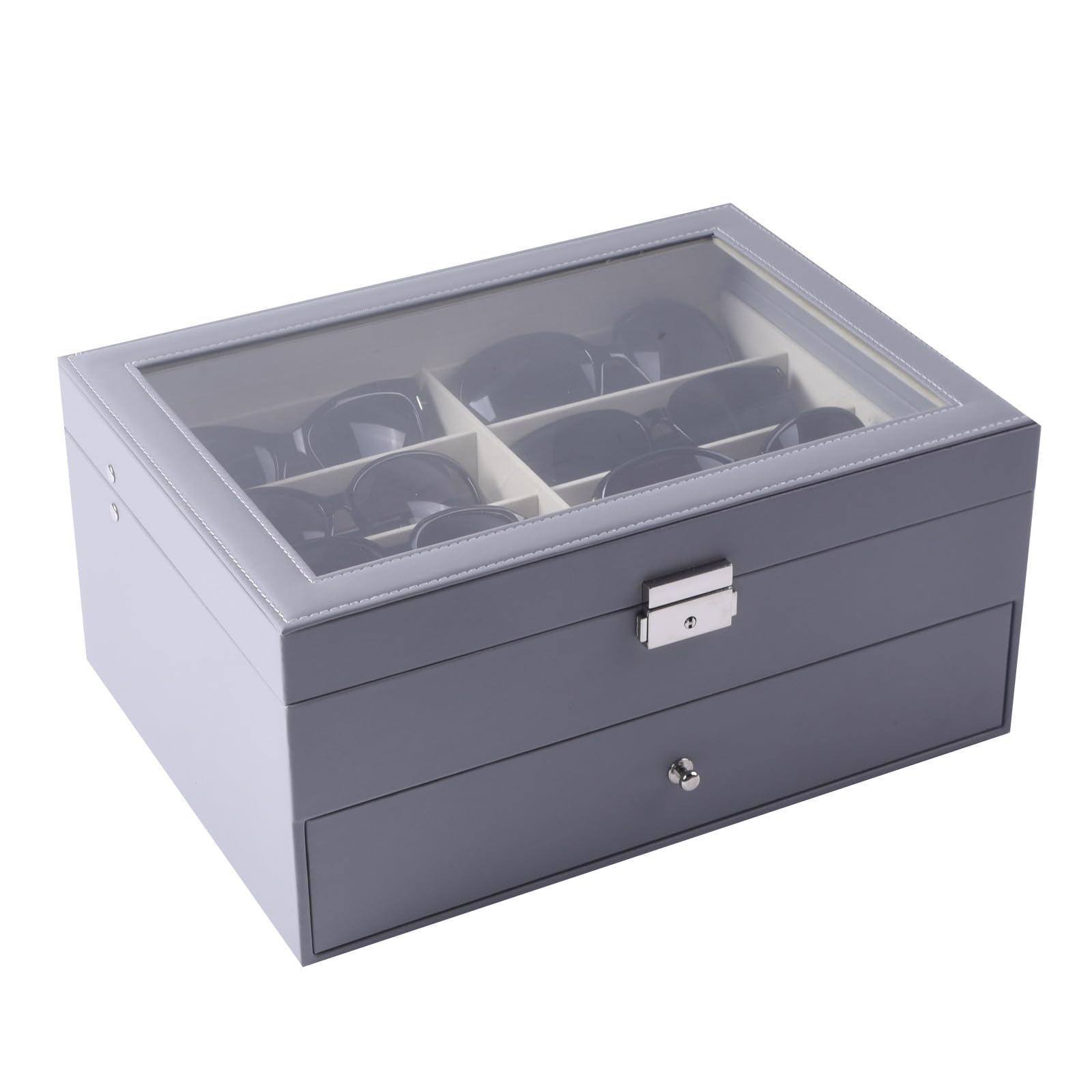AUTOARK Leather 16 Piece Eyeglasses Storage and Sunglass Glasses Display Drawer Lockable Case Organizer,Grey,AW-165