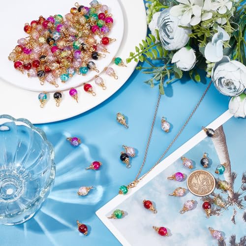HOBBIESAY 120Pcs 8mm Crackle Glass Bead Charms Mini Dangle Beads Pendant Round Crystal Charms Colorful Gemstone Charms for for DIY Necklace Bracelet Earrings Jewelry Making - Image 4