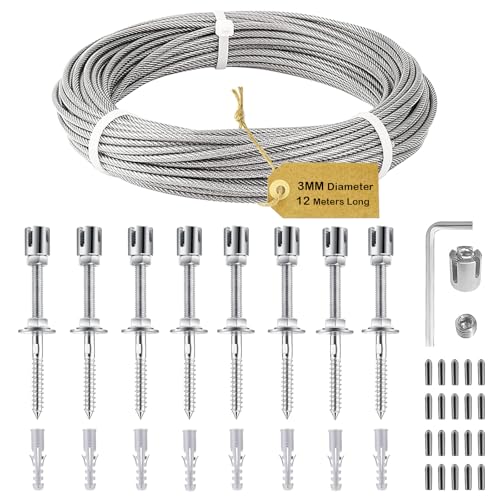 Btstil Supporto per piante rampicanti, in acciaio inox 304, set completo con supporto da parete e corda in acciaio da 3 mm, per piante rampicanti, giardino, muro, recinzione (8 supporti, corda da 12