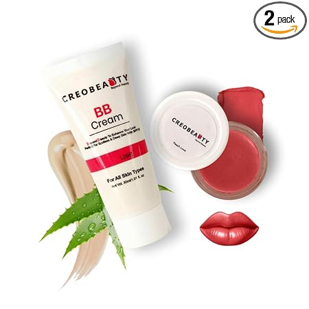 CREOBEAUTY Nourishing BB Cream Light SPF 15 and Lip & Cheek Tint Combo | Long Lasting Nourishment | Hydrates Dry Lips | Flushing Glow | For a Natural Makeup Look, Suitable For All Skin Types (Peach Lo