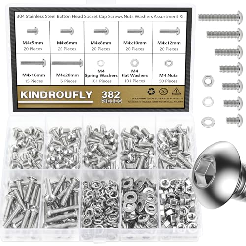 Kindroufly KINDROUFLY-SCREW-KIT 382 Pieces M4 X 5/6 /8/10 /12/16 /20Mm Button Head Socket Cap Screws Nuts Washers Assortment Kit, 304 Stainless Steel, Fully Machine Thread cover