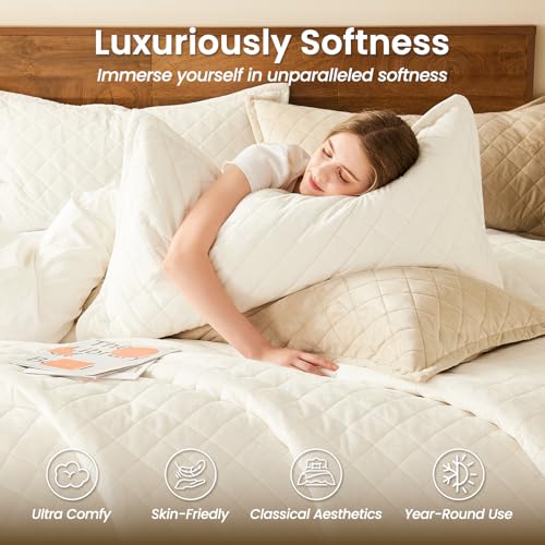 L'AGRATY Velvet Quilt Queen Size: 3-Piece Reversible Luxury Velvet Bedding Comforter Set - Lightweight Oversized Quilted Bedspread Coverlet with 2 Pillow Sham for All Season - Cream White Quilt