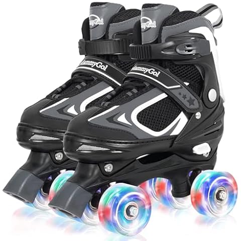 MammyGol Roller Skates for Boys Girls, 4 Sizes Adjustable Quad Skates for Kids with All Light up Wheels, Full Protection for Toddler's Indoor and Outdoor Play Black Size 1 2 3 Cover