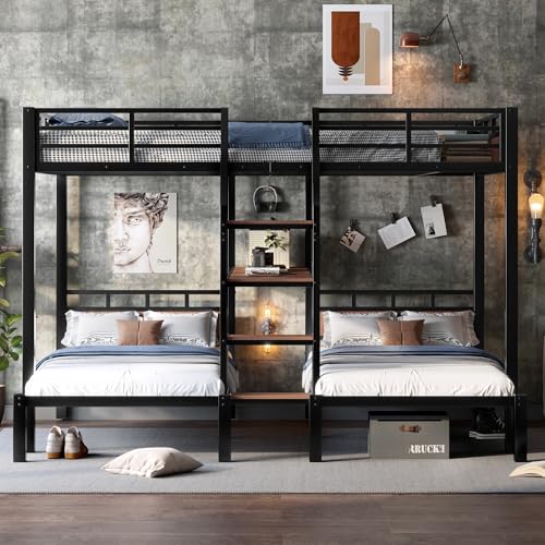 KALALLA Queen Over Twin Over Twin Metal BunkBed with Storage Stairs and Shelves, 3-in-1 Triple Bunk Bed with Headboard, Space Saving, for Kids Boys Girls Adults, Black
