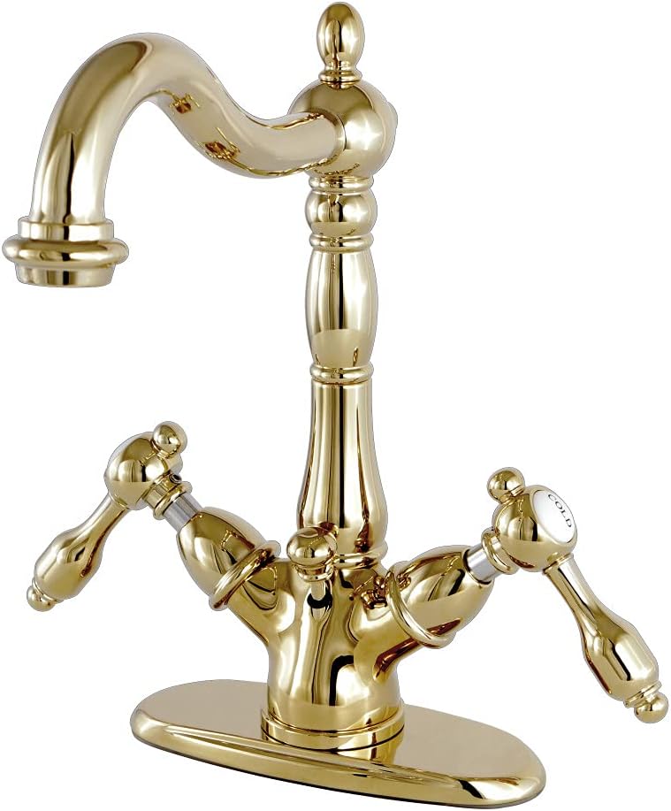 Promo Discount Up To 70% Off Kingston Brass KS1432TAL Tudor Deck Mount Deck Lavatory Faucet with Brass Pop-Up, Polished Brass