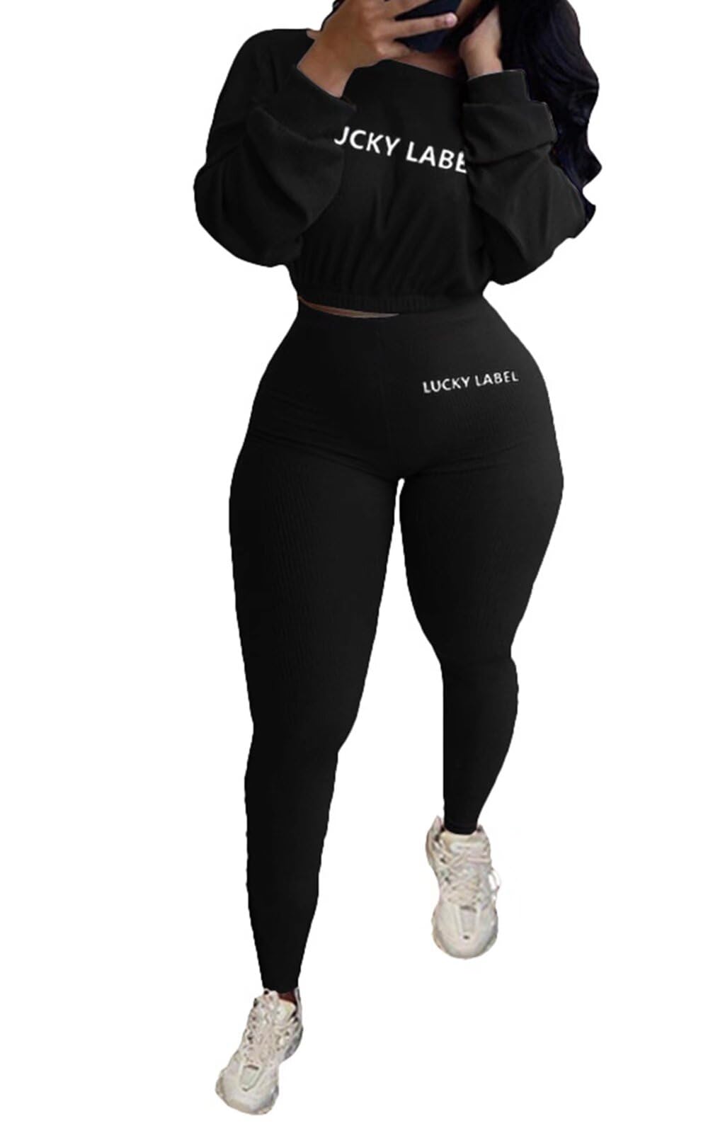 Bodycon Sweatsuits Tracksuit Outfit - Ribbed Long Sleeve Pullover Crop Top High Waisted Leggings Set Jumpsuit