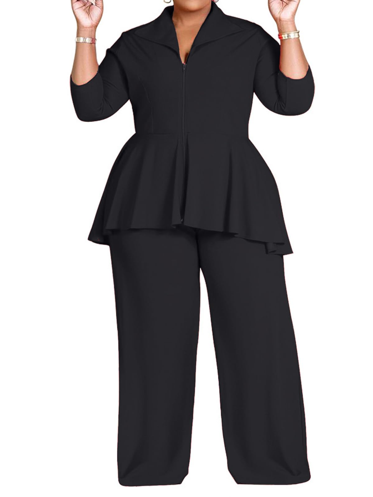 volemo Women's Plus Size Two Piece Sets Long Sleeve Zip Up Peplum Blazer Wide Leg Pant Suits Dressy Business Casual Outfits-picture-32