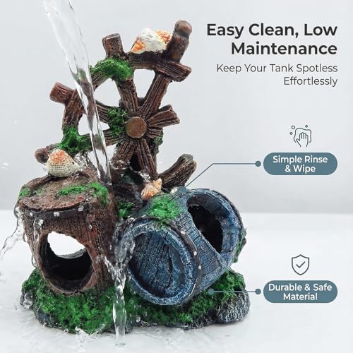 Image of Mipukbay Fish Tank Decoration, Broken Ship Wheel & Cask Aquarium Decor Hiding Cave Ornament for Freshwater /Saltwater, Safe Landscaping Rock Resin Decoration for Betta Fish, Goldfish and Aquatic Pets