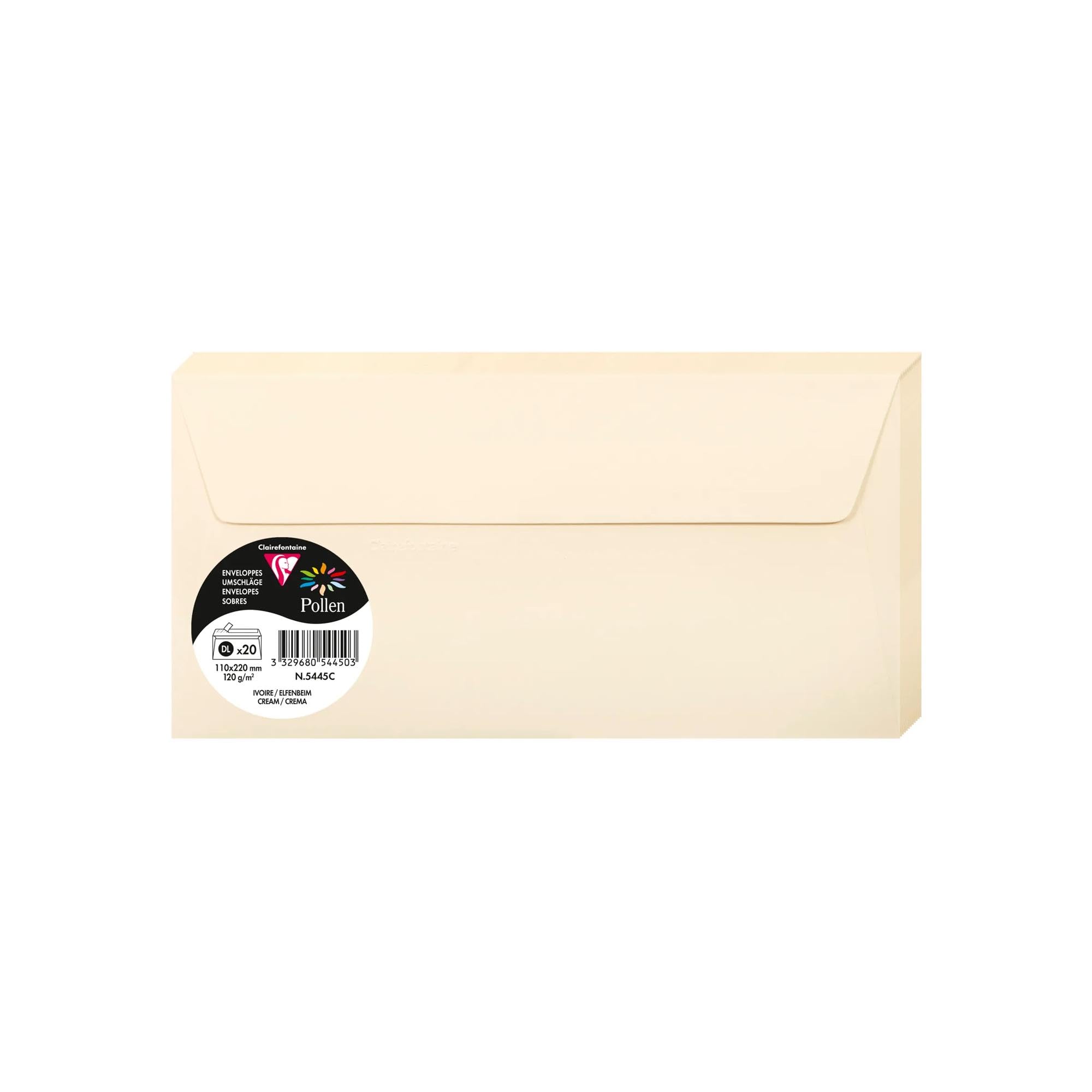 Clairefontaine Enveloppes DL Ivoire 120g Auto-Adhésives Lot 20 – Format standard 11 x 22 cm, Papier Lisse, Invitation Mariage, Faire-Part, Cartes et Correspondance – Pollen – Référence 5445C