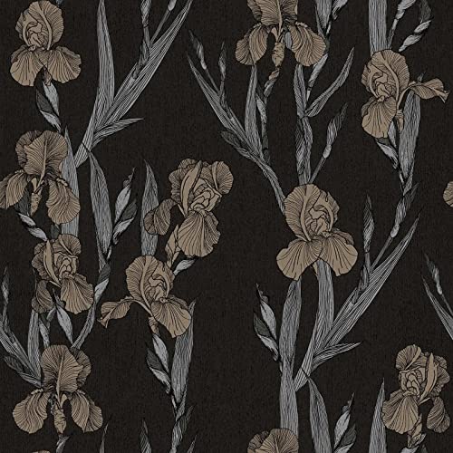 BRICOFLOR Papier peint à motif fleuri pour salon Tapisserie florale couleur noire, grise et beige Papiers peints intissés tendances pour chambre