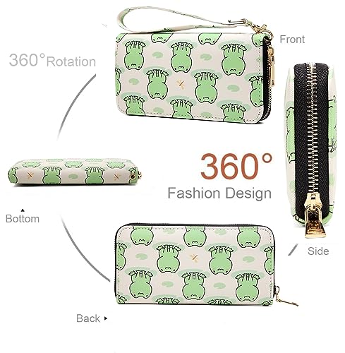 Image of Checkered Cow Print Wallet For Women Skull Goth Frog Butterfly Turtle Ladies Cluth Wristlet Wrist Strap Long Purse Zip Around Card Holder