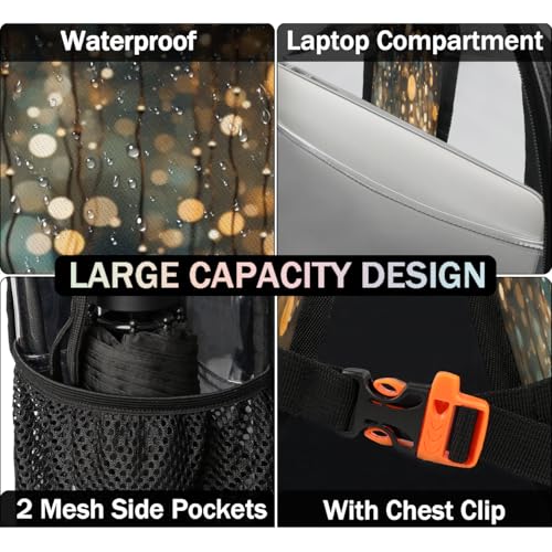 Abstract Geometric Clear Backpack for Stadium Events, Shiny Gold Dots Waterproof Clear Bag for Women Men Adult Sport Work Daily Music Festival and Concerts3