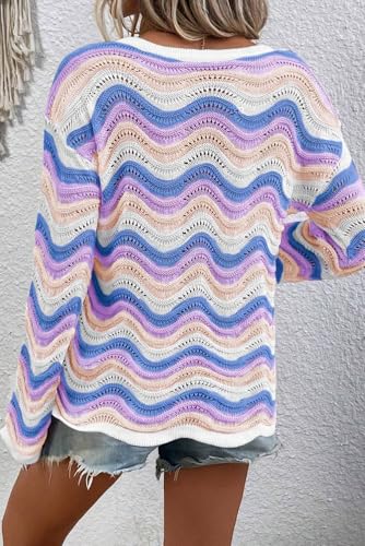 Women's Purple Stripe Wavy Pointelle Knit Drop Shoulder Sweater2