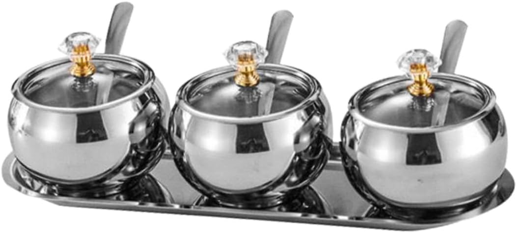 HEALLILY Stainless Steel Sugar Bowl with Lid and Spoon, Seasoning Container Set with Tray for Salt, Coffee, and Spice Storage, Metal Condiment Canister for Kitchen Use