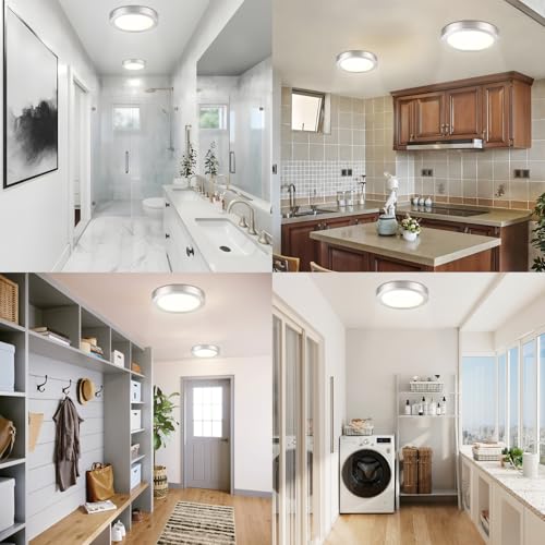 Image of Flush Mount Ceiling Light Fixture, 7 Inch LED Modern Kitchen Light, Metal and Glass, Slim Dimmable Brushed Nickel Ceiling Light for Low Ceiling, 17W, 3000K, 2 Pack