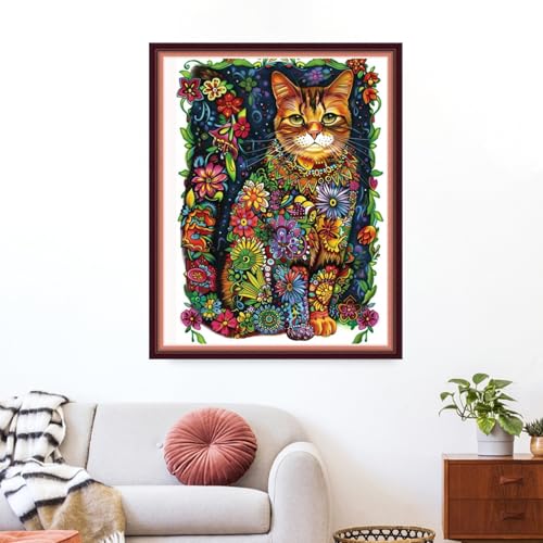 Image of Funxvoot Stamped Cross Stitch Kits for Beginners or Adults Embroidery Starter Patterns | DIY Printed Cross Stitch Kits Needlepoint for Adults or Kids 11CT-Colorful Flower Cat 16x20 inch