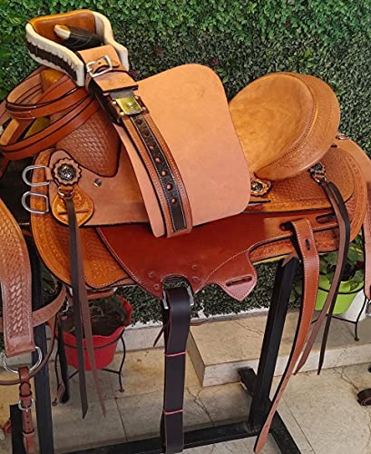 Manaal Enterprises Size 14” 15” 16” 17” 18” Wade Tree A Fork Premium Western Leather Roping Ranch Work Horse Saddle Tack Headstall, Breastplate & Reins (14.5” Inch Seat, Rought Out_02) #TOP5