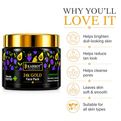 Image of KARROT 24K Gold Face Pack for Glowing Skin 100g with Avocado Mulberry Grapeseed for Instant Glow and Tan Removal, Kaolin Clay Hyaluronic Acid Alpha Arbutin, All Skin Types