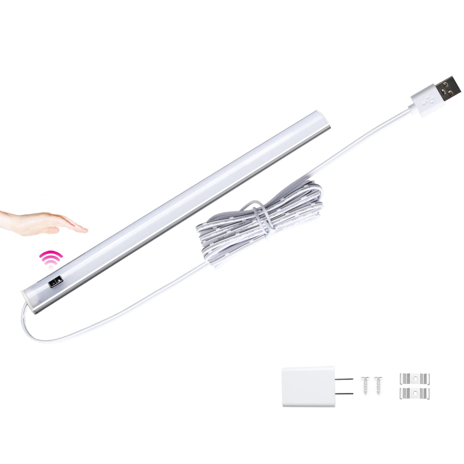 LED バーライト 34cm キッチンライト 5W 3000K 電球色 0.7cm超薄型 無段調光 タッチレス 手元灯 流し元灯 センサーライト 非接触 ACアダプター付き 台所 棚下 間接照明 工事不要 (電球色, 34cm)