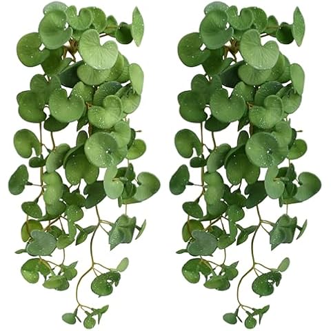 VIOCIWUO Fake Hanging Plants 2PCS, Artificial Copper Coin Grass Plants Artificial Succulents Plants Faux Greenery Wall Hanging for Shelf Home Office Indoor Outdoor Garden Decor Cover
