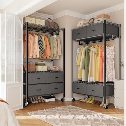 Image of Raybee Clothes Rack Heavy Duty Clothing Rack with Rolling Wheels & 4 Drawers, Clothing Racks for Hanging Clothes with Drawers, Black
