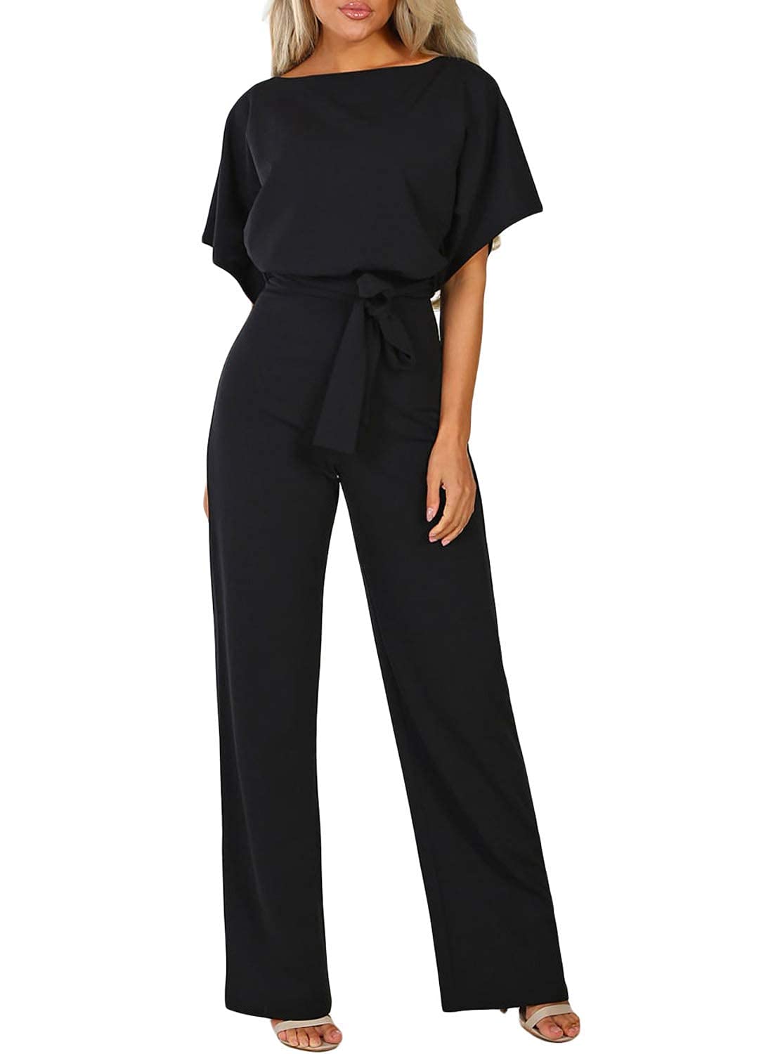 Onsoyours Monos de Vestir Mujer Elegante Manga Corta Talla Grande Mono De Pierna Recta con Traje con Cinturón Mono Largo Vendaje Traje Playsuit Elegante de Fiesta de Noche