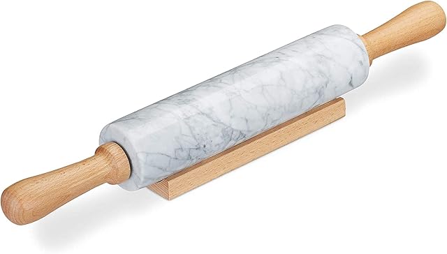 Unibos Marble Rolling Pin for Baking with Wooden Stand 45 X 6 X 6 Centimetres Easy Clean Hard-Wearing Speckle Finish Non-Stick White