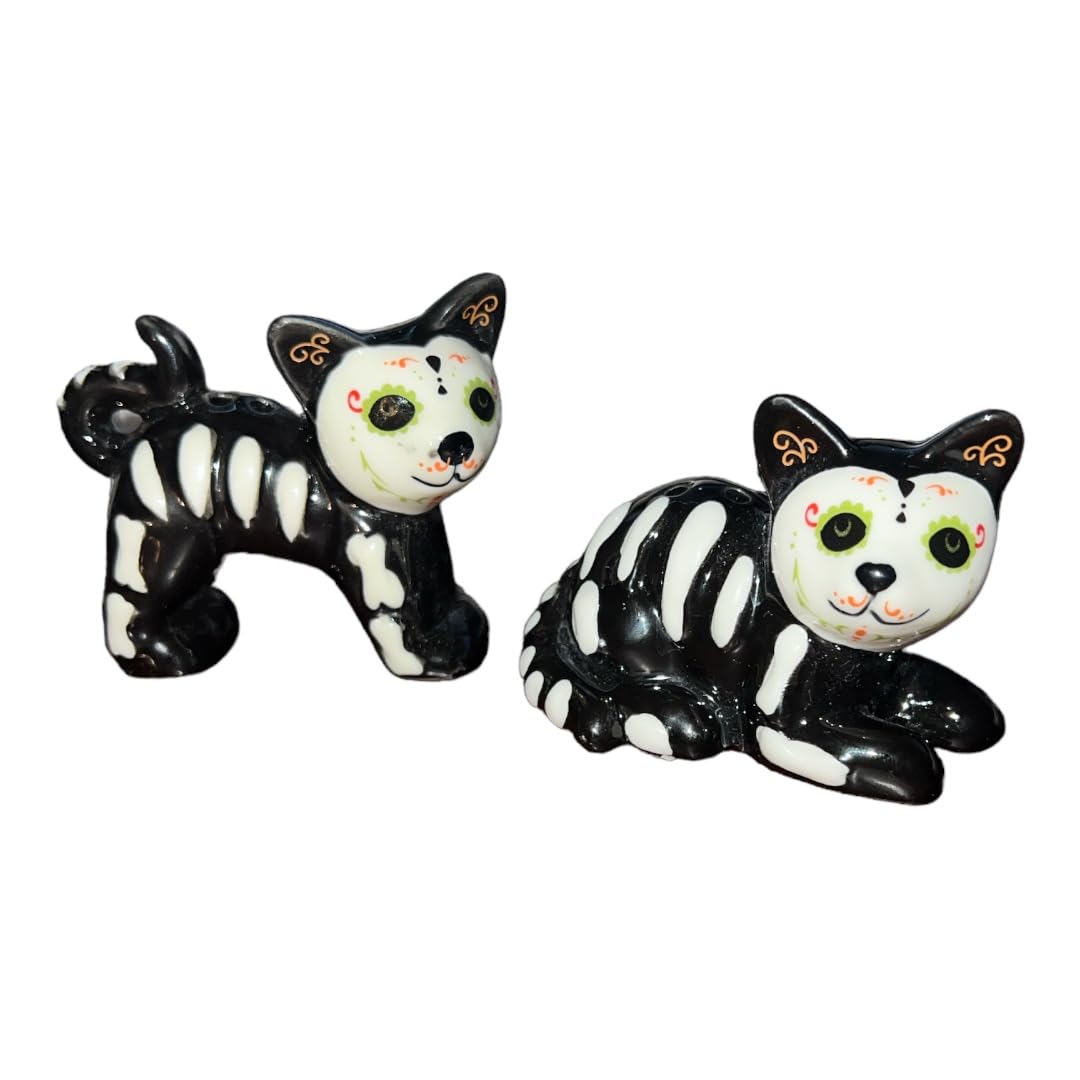 Hidd_ntr_asur_sHidd_ntr_asur_s Stoneware Mini Sugar Skull Day of the Dead Cat Salt & Pepper Shakers