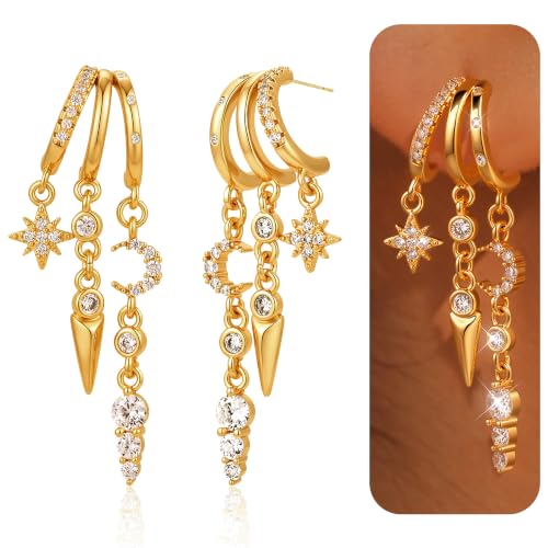 Image of Chihayafuji 925 Silver Dangle Earrings for Women Gold Plated Hypoallergenic Triple Illusion Huggie Hoop Gothic Cute Moon Star Chain Drop Dainty Statement Sturdy Party Jewelry Gift