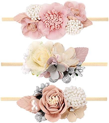 VOBOBE Baby Girl Nylon Headbands Infant Flower Elastic Hair Band Bows Wraps For Newborn Toddler Hair Accessories Pack of 3 (A-Pink)