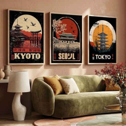 Image of kotart Japanese City View Wall Framed Posters | Aesthetic Japan Theme City View Framed Poster for Living Room Bedroom Gaming Room Studio Wall Decor Set Of 3 (20x30 Inch)