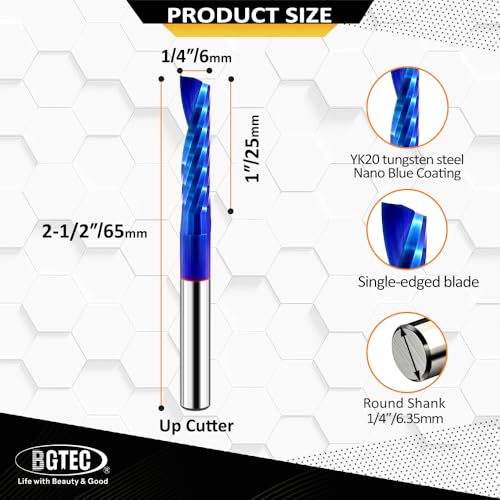 BGTEC CNC Fräser Bits, Upcut Fräser einschneidige Spirale 6MM Schneiddurchmesser, O-Helix 25MM Schnitthöhe Gravieren Schneiden Schlitzen Fräsen für Holz, Kunststoff, Acryl, MDF und PVC