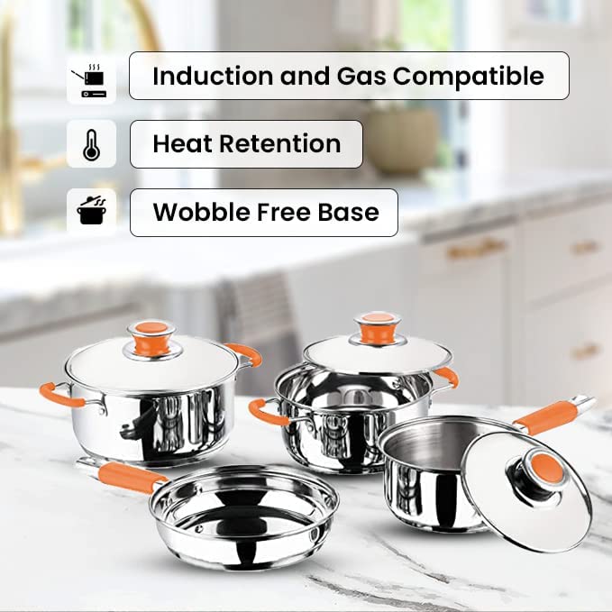 Image of Kuber Industries Set of 4 Stainless Steel Cookware Set I Induction Base Cookware I Saucepan (1.4 L), Kadai (2.0 L), Casserole (2.5 L), Frypan (1 L) and 3 Lids I Heavy Gauge Steel