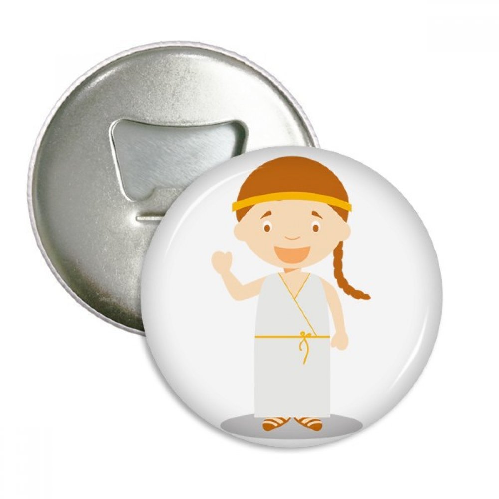 Décapsuleur Grèce Cartoon aimanté pour frigo | Badge rond blanc 3 pièces argent