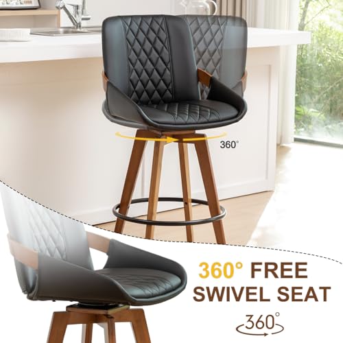 Image of Bar Stools Set of 2, Mid Century Modern Retro Swivel Counter Height Bar Chairs, Furniture with Curved Back, Faux Leather Upholstered and Walnut Wood Frame for Bar /Pub /Island (Black, 26.3 inch-2 PCS)