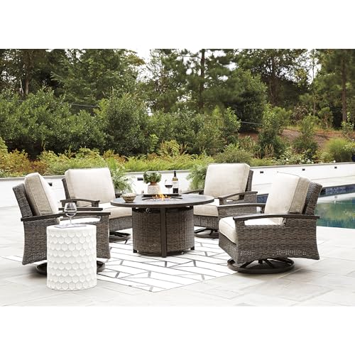Image of Signature Design by Ashley Paradise Trail Traditional Nuvella Weather Resistant Fabric Outdoor Fire Pit Table and 4 Chairs, Beige & Dark Brown