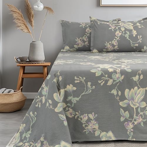 Image of Cortina Cloud Cotton King Size Bedsheet with 2 Pillow Covers | Super Soft, Breathable & Skin-Friendly Bedsheet for Double Bed King Size with Flower Print | (Grey + White,270x250 cm)