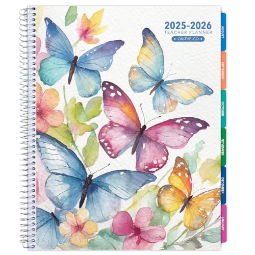 Aug 2025-Jul 2026 Lite Teacher Lesson Planner Notebook 8.5x11 Daily Weekly Monthly Organizers - Includes 7 Periods, Dated Calendar, Page Tabs, Bookmark, and Planning Stickers (Watercolor Butterflies)