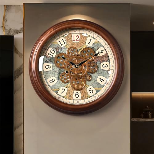 Moving Gears - Reloj de pared con mapa del mundo, silencioso, sin tictac, decorativo, para sala de estar, dormitorio, comedor, fácil de leer, diseño industrial