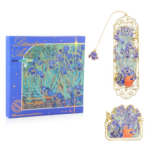 Image of Bookmark Gift Set of 2 Metal Bookmark and Page Clip, Artistic Floral Iris Embossed Hollow Design with Chain Charm, Premium Book Marker Gift for Readers, Students, Women and Men