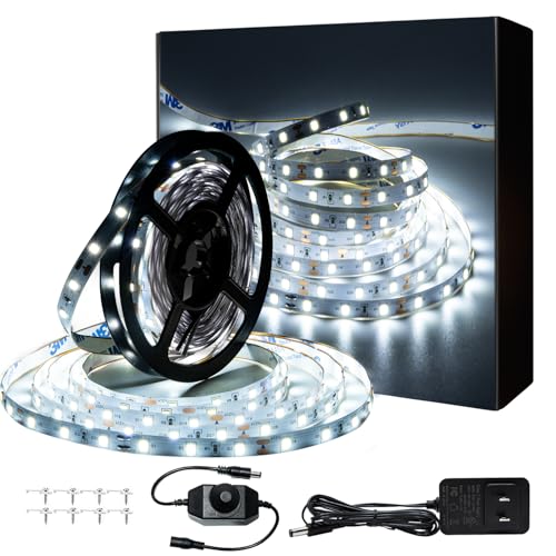Image of 10ft White LED Strip Lights,12V Dimmable Tape Lighting with Infrared Remote,SMD 2835 LEDs Adhesive Ribbon Light,Connectable,Cuttable,Indoor Rope Light for Room Bedroom Cabinet