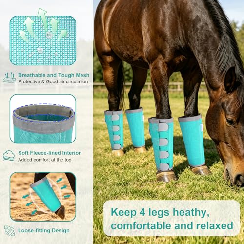 Image of Reflective Horse Fly Boots Set of 4, Loose Fitting Leggings for Horses, Equine Fly Leg Wraps Socks for 4 Legs, Breathable Adjustable and Universal Fit, Reliable Stay Put and on (Mint)