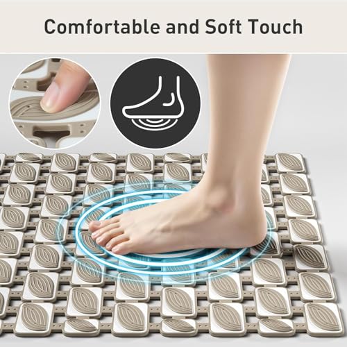 Image of HomeCloud Non-Slip Shower Mat for Bathtub, Anti-Slip Bath Mat with Suction Cups, Drainage Holes & Foot Massage Exfoliating Surface (D Beige)