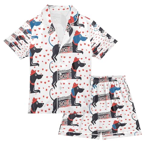 ALAZA Heart Love Dachshund Dog Satin Pajamas Set Short Sleeve Button Down Sleepwear Summer Pjs 2 Piece