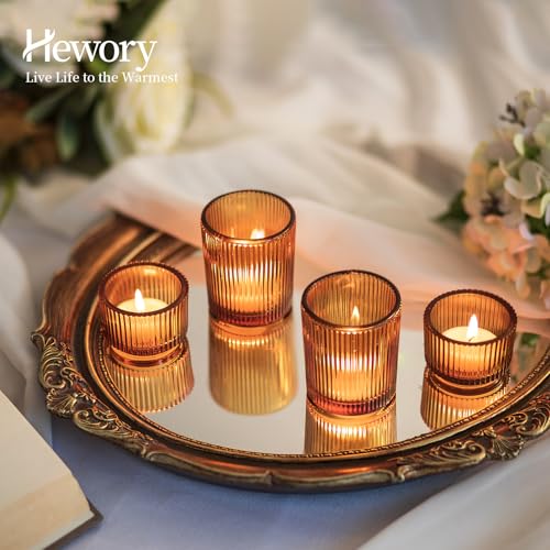 Hewory Glass Tealight Candle Holder: 8 Pcs Amber Votive Candle Holders Tea Lights Candle Holder, Ribbed Tea Light Holders Fall Decorations For Thanksgiving Table Centerpiece Wedding Party Home Decor thumb #2