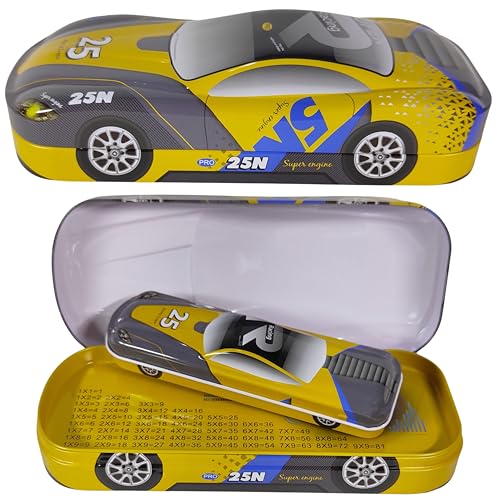 Image of ZAFCO Metal Car Pencil Box for Kids | Compass for Boys | Two in One Pen Box for Students | Car Geometry for School | Pencil Box for Boys | Birthday Return Gift 1 Unit (Yellow)