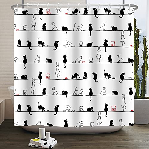 Ttincceer 71x71inch Black White Cat Shower Curtain with Hook Cute Simple Kitten Bath Curtain Black White Animal Funny Pet Shower Curtains Waterproof Bathtub Curtain - Image 2