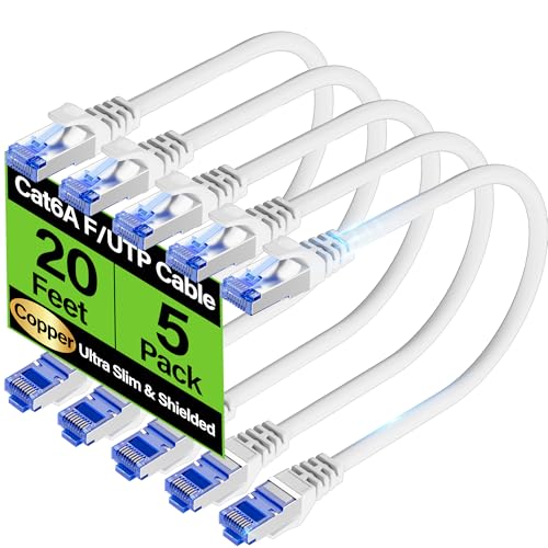 Image of Cat6A Ethernet Cable Shielded 10Gbps 20 ft (5 Pack), Slim Shielded (F /UTP) Ethernet Cable Cat 6, Flexible 28AWG Bare Copper Cat6 Cable, Space-saving Cat 6a Network Cable for Server, Data Center, White